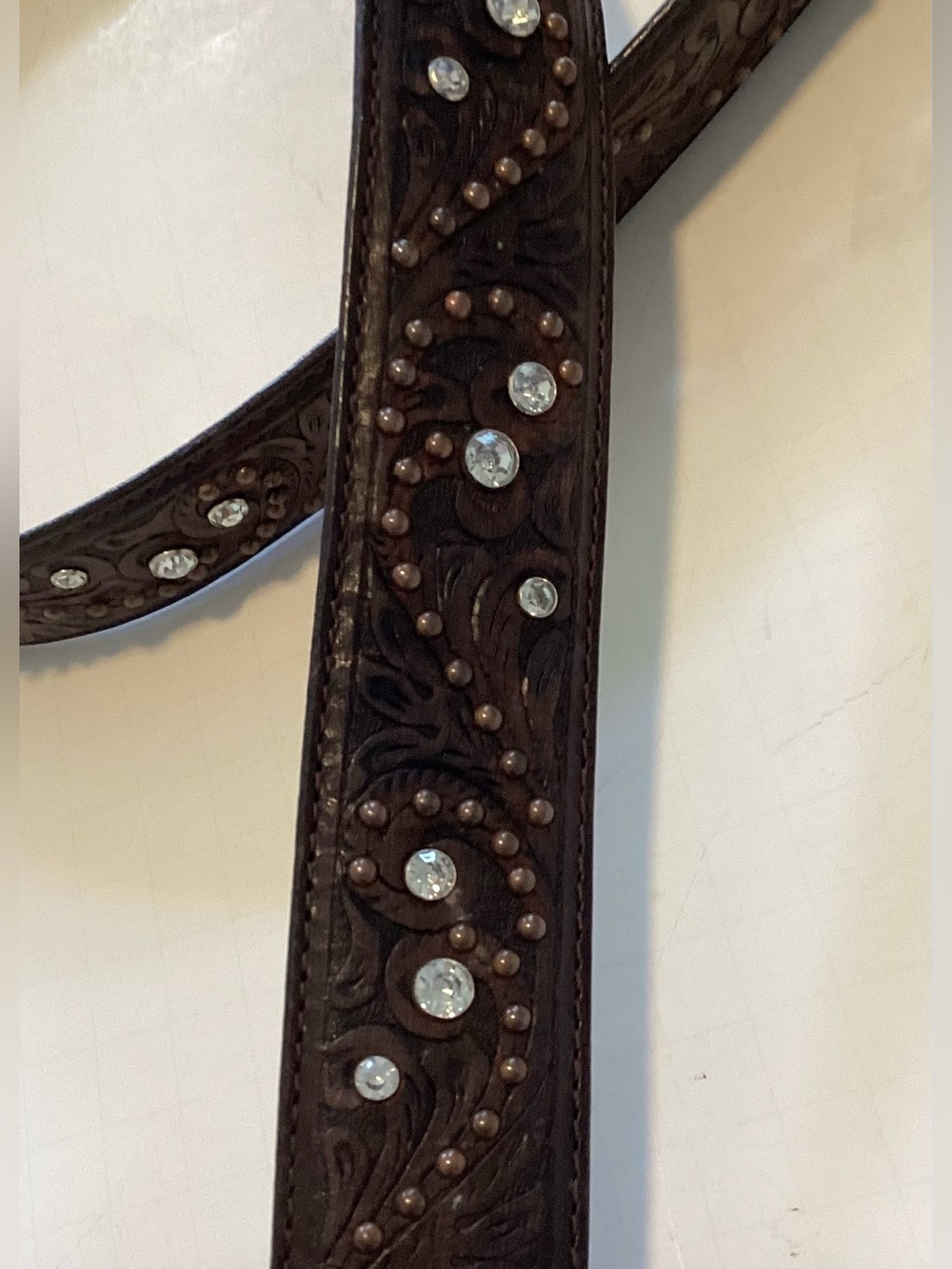 JUSTIN BOOT Tooled Rhinestone Belt & Heart Buckle.  Size 34 - Picture 3 of 11